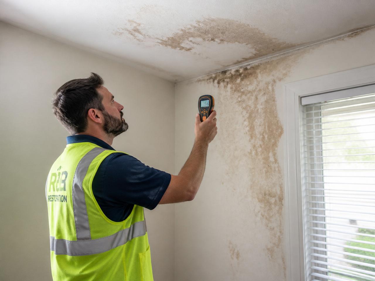 Restoration contractor inspecting water damage with a moisture meter