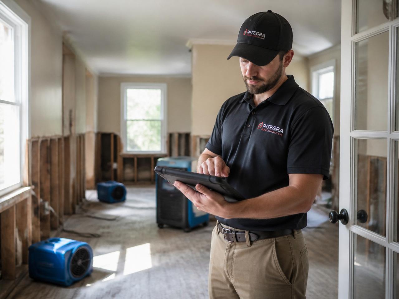 Restoration contractor documenting property damage on a tablet